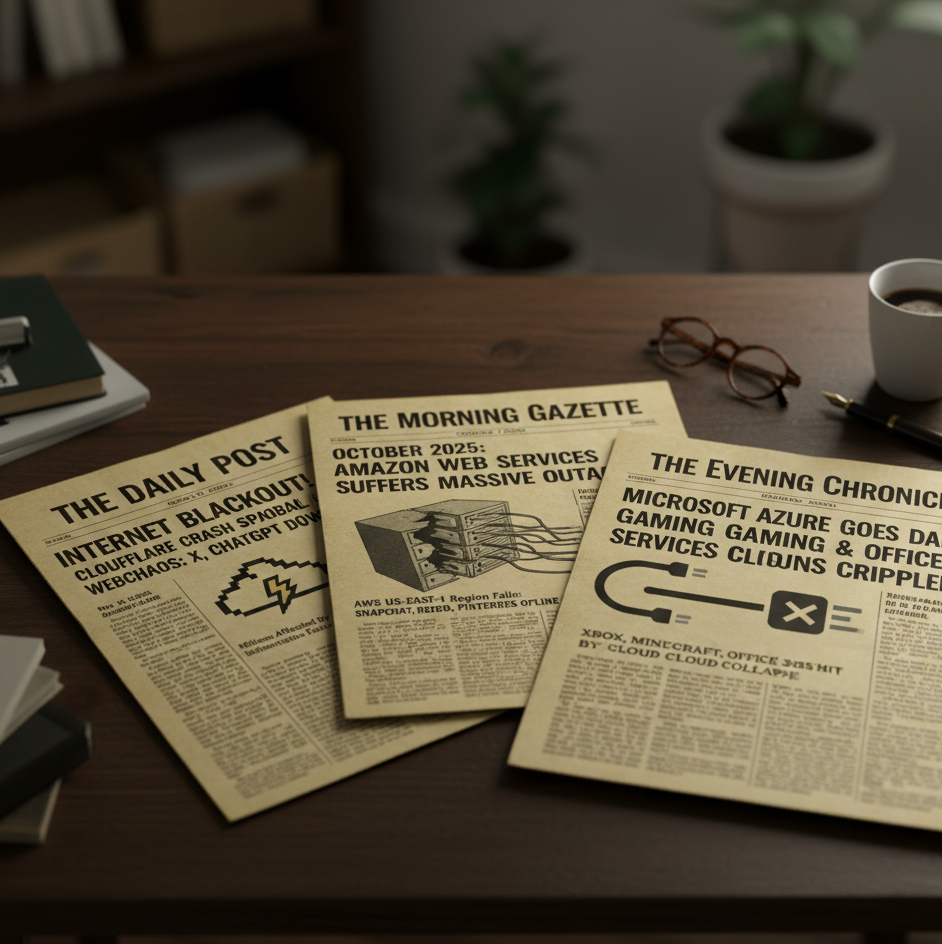 Three old newspapers with headlines about Cloudflare, AWS, and Microsoft Azure outages on a desk with a coffee cup.