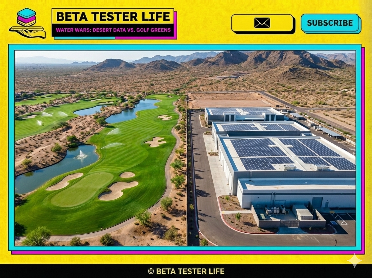 Split aerial view comparing golf course and data center water usage in Arizona desert, showing green fairways versus modern tech facility