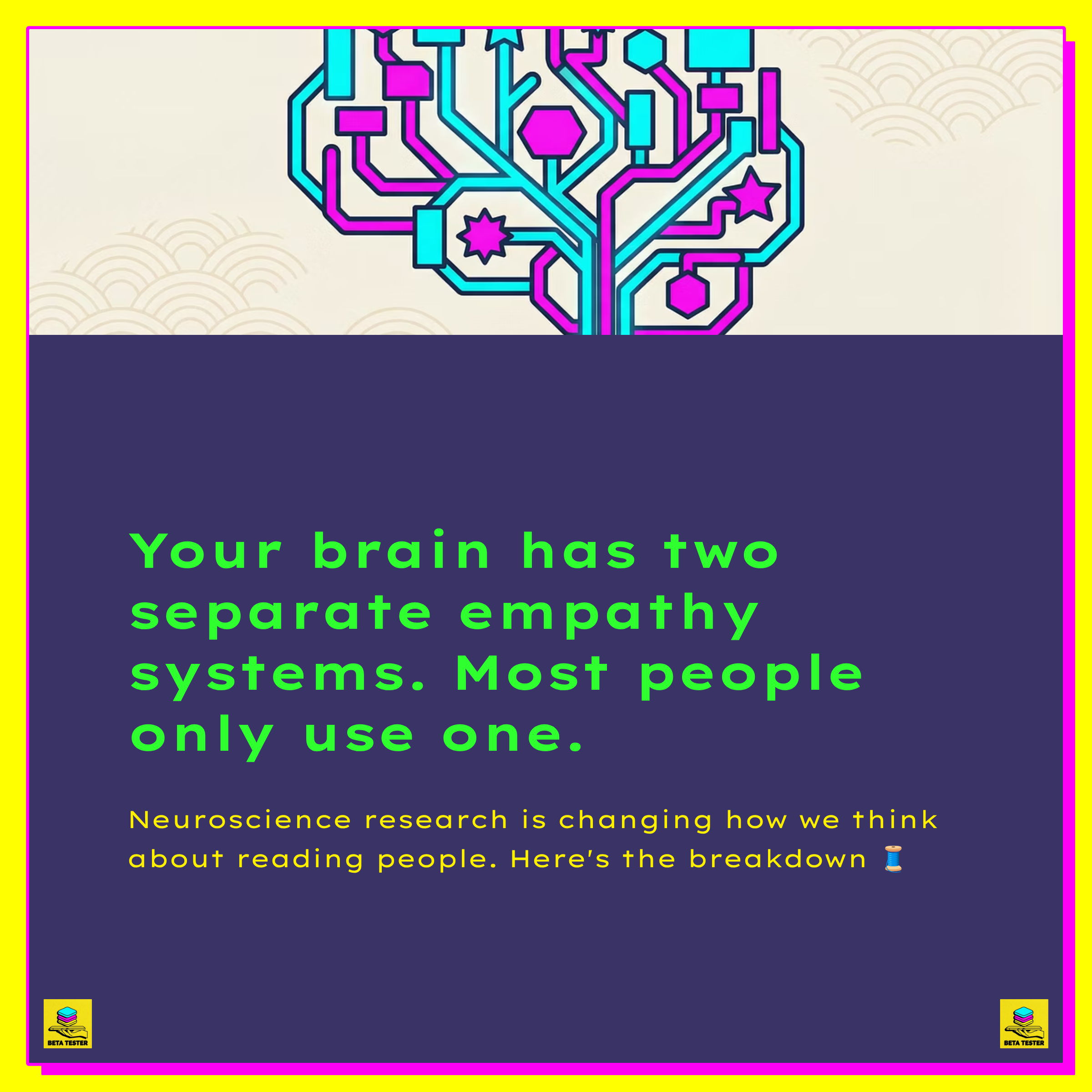 llustration of a human brain showing two distinct empathy neural pathways: cognitive empathy in blue through the prefrontal cortex as well as temporoparietal junction, and affective empathy in orange through the anterior insula and cingulate cortex