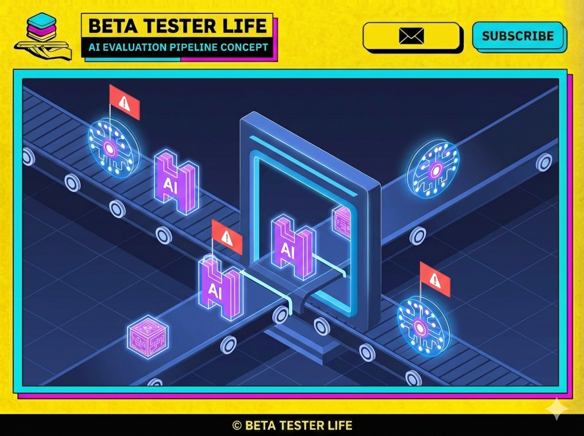 Illustration of AI evaluation pipeline showing automated quality checks scanning AI outputs before production deployment