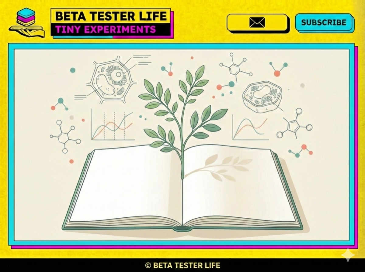 Illustration showing a small plant growing from an open notebook surrounded by floating scientific data points, representing the concept of tiny experiments and personal growth through curiosity.