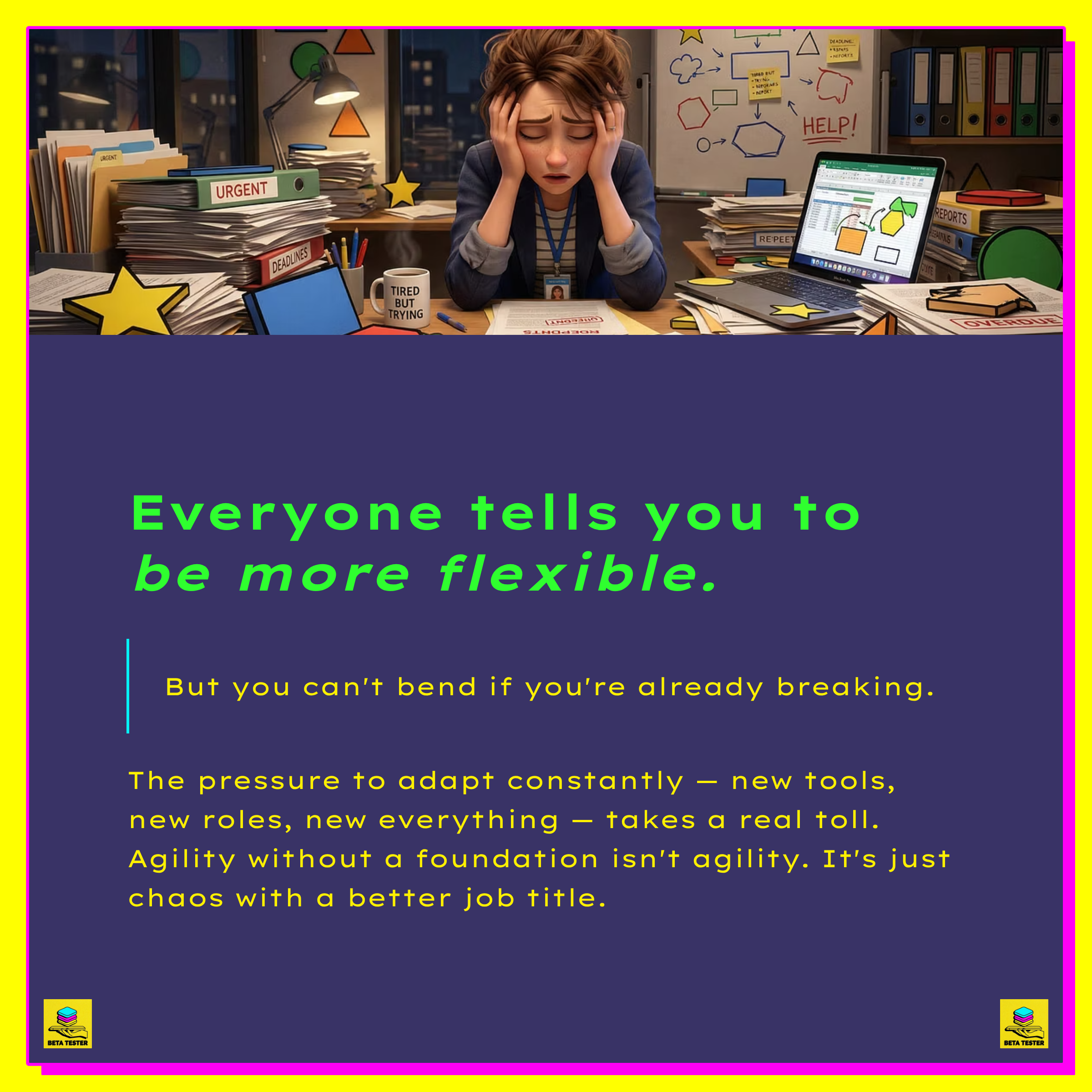 person hunched over desk overwhelmed, papers scattered, exhausted professional in modern office