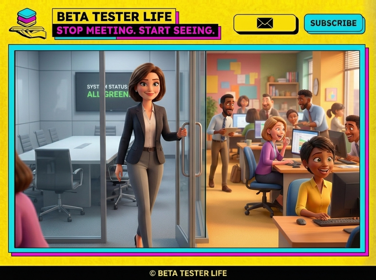 Illustration showing a leader stepping from a grey corporate meeting room with green dashboards into a vibrant, active workshop floor, symbolising the shift from functional to systemic understanding through direct frontline observation.