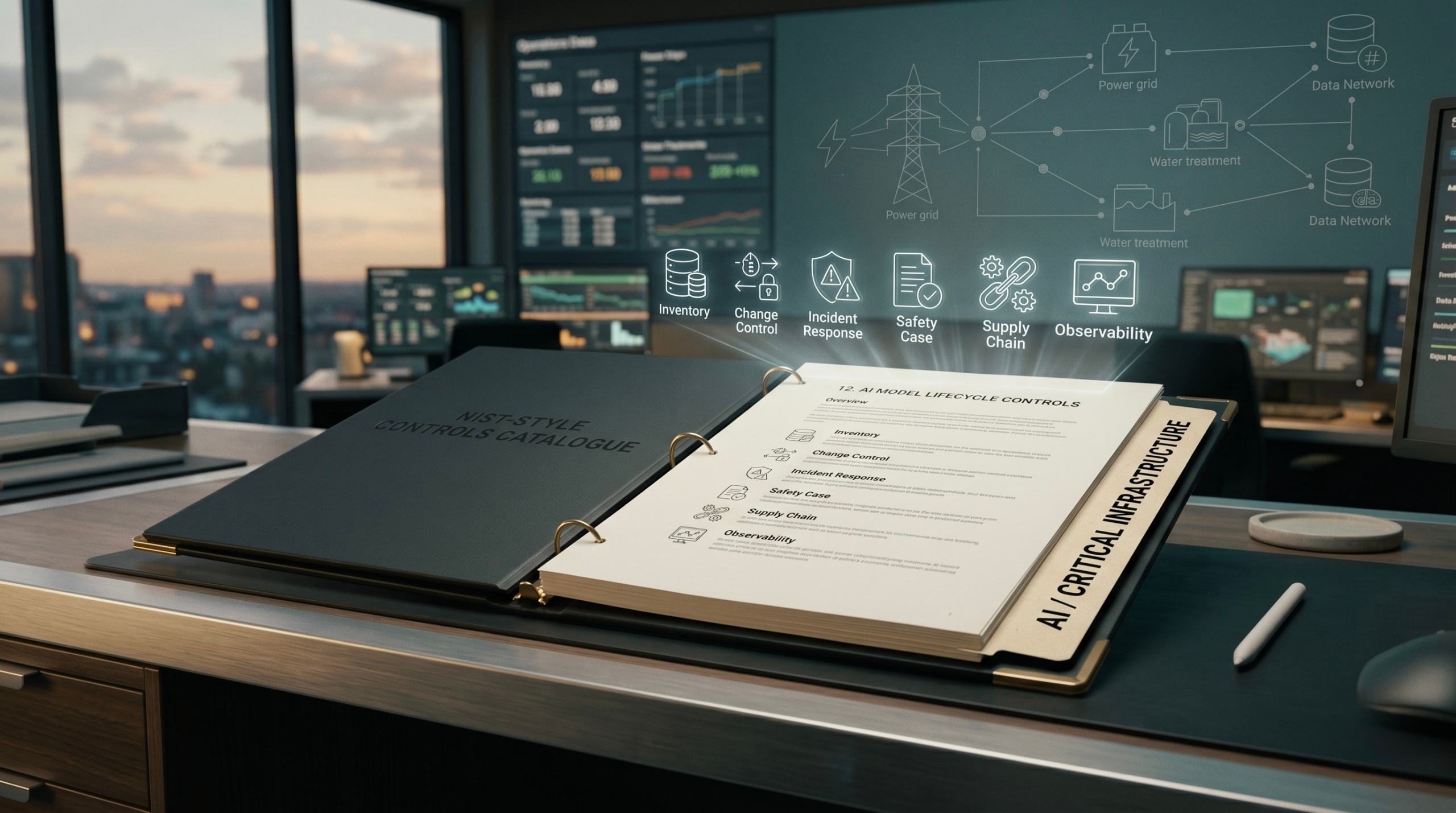 A minimalist open controls binder on an engineering desk with a new chapter tab labelled 'AI / Critical Infrastructure', set in a softly lit modern infrastructure control room at dusk, with a faint schematic of a power grid and data network in the background.